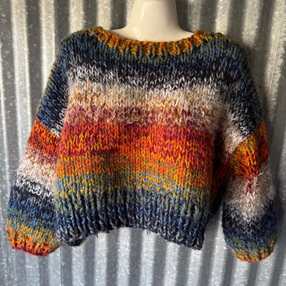 Handmade Sweaters - Hand Knit Chunky Stripe Sweater Oversized Crop Rainbow Large Pullover handmade